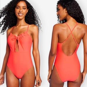 NWT Shade & Shore Orange Red Cutout Front Detail Ruffle One Piece Swimsuit M